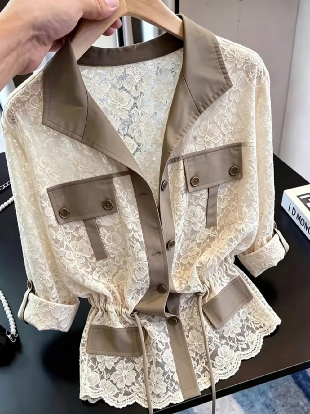 Fashionable Temperament Lapel Lace Patchwork Jacket for Women with Tie-Waist